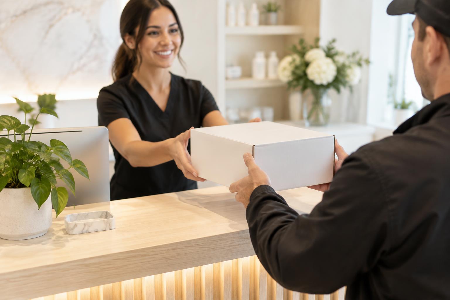 Med spa front desk receiving a delivery